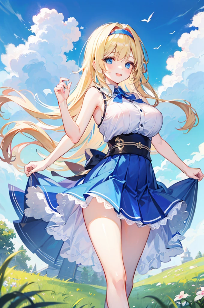 A girl with big ,Alice漫游仙境,fairy tales,((Alice)),Light blond long hair,Blue Eyes,Sky blue skirt,sleeveless,See the lateral breast,energetic and cute,happy,Run on the grass,