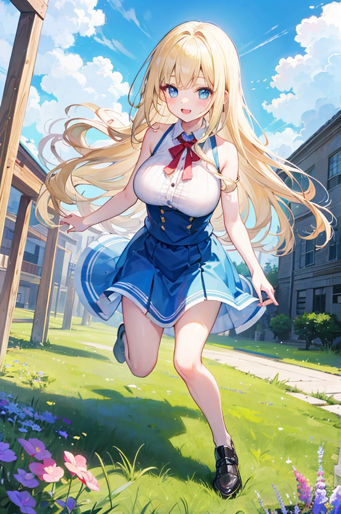 A girl with big ，Alice漫游仙境，fairy tales，((Alice))，Light blond long hair，Blue Eyes，Sky blue skirt，sleeveless，See the lateral breast，energetic and cute，happy，Run on the grass，