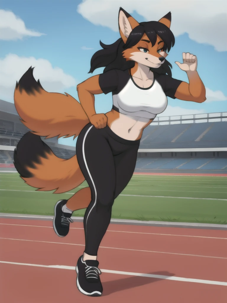 Furry, fox, female, black shirt, black leggings, shoes, running track, solo, full body