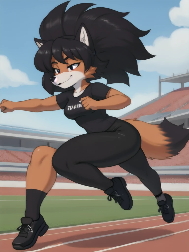 Furry, fox, female, black shirt, black leggings, shoes, running track, solo, full body