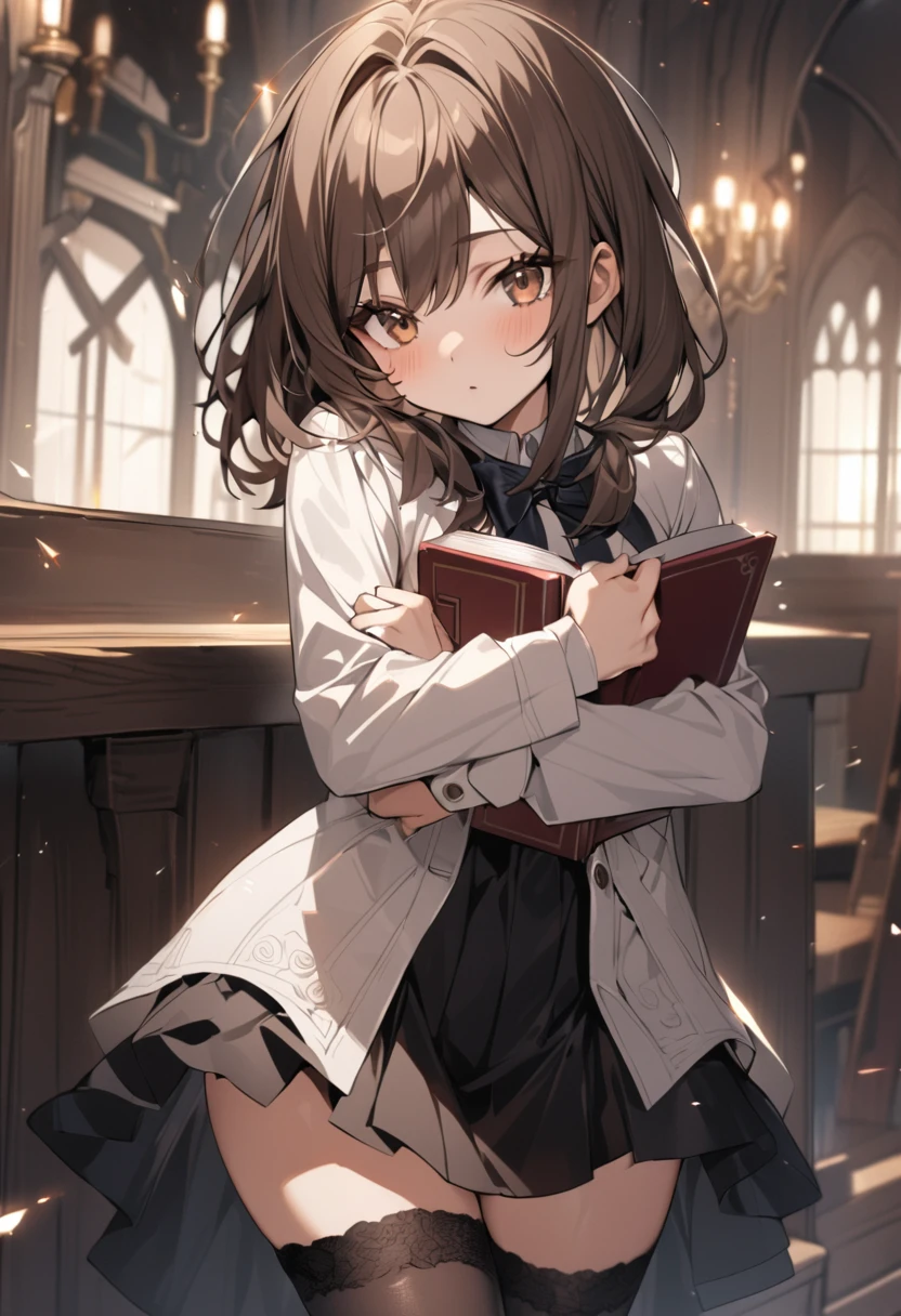 high quality, detailed, A young woman of 19 years old wearing a short dress with black stockings with brown hair, medium chest and medium thighs, looking into the camera hugging a book