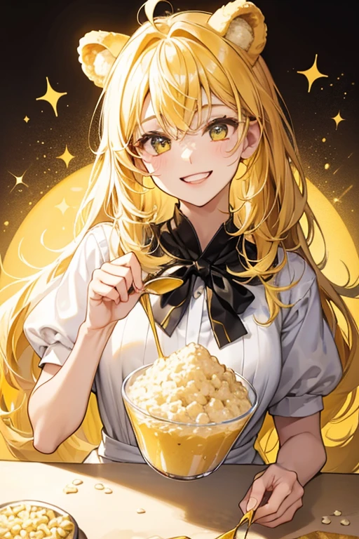 A girl yellow, rectangular Num made of rice cereal puffs. She has a wide grin and round bear ears. Darker yellow, almost gold icing drips down her head and is covered in pale sprinkles. SPARKLE; GLITTER