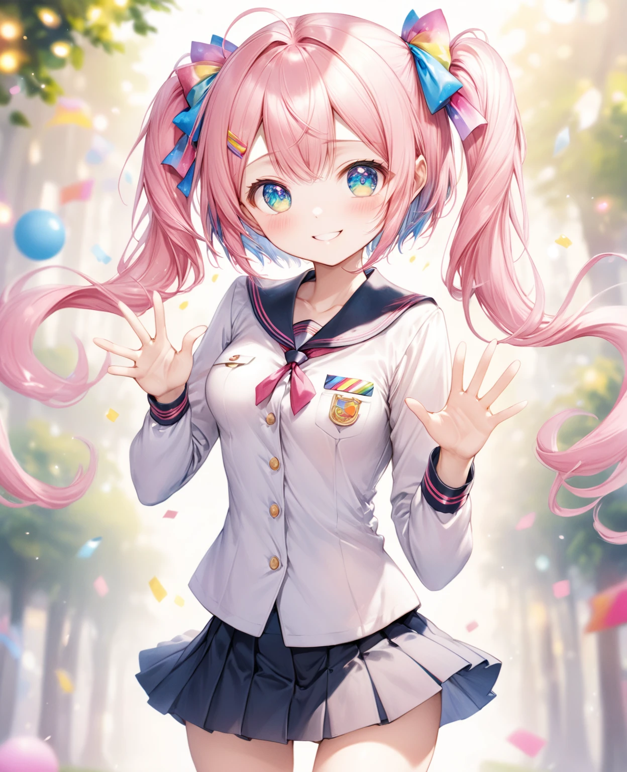 (Highest quality, 8k, 32K, masterpiece, Ultra-high resolution,:1.2),born, One girl,Super cute , Fantasy Background, Clear, shining eyes, 20-year-old ,Fair skin, Pink Hair Girl, short hair, keep your spirits up, expensive, uniform, mini skirt,D cup breasts,学born服,An innocent smile,Nyan Nyan Pose,Twin tails