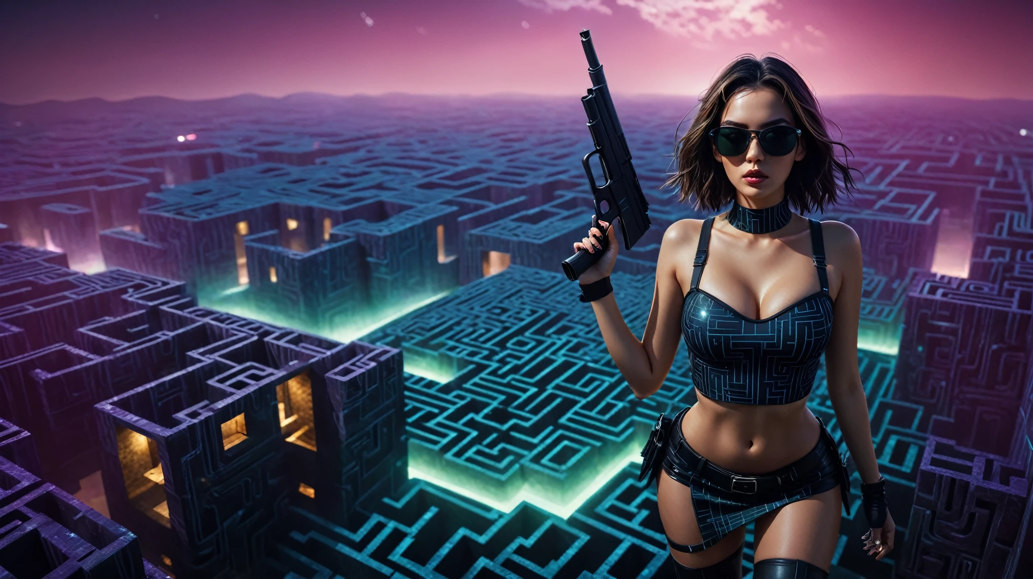 Aerial view. sci-fi outdoor maze background. Matrix style, at night, dark sky, (1girl, solo), photo realistic, large-breast:1.2 slim:0.9 body, cleavage:1.2, tube top, miniskirt, (matrix style black sunglasses), (holding a mini:1.1 pistol), half-body thigh level medium shot, cinematic lighting, ray tracing.