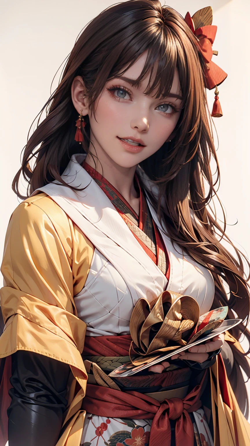 Kilo, One girl, Ascot, blush, bow, Brown eyes, Brown Hair, hair bow, Hair Tube, kimono, Long Hair, Mittens, Non-traditional Shrine Maiden, 1 hour drawing challenge, Open your mouth, Portraiture, red bow, red Mittens, scarf, Side Lock, Simple Background, alone, White Background, yellow Ascot, yellow scarf