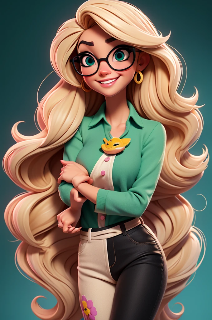 Create a Disney Pixar-style character of a stunning woman. blond, fine and long hair, white skin tone, eyes black, Square-shaped prescription glasses, thin lips, smiling, Wearing a pink blouse and green pants.