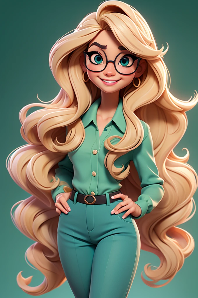 Create a Disney Pixar-style character of a stunning woman. blond, fine and long hair, white skin tone, eyes black, Square-shaped prescription glasses, thin lips, smiling, Wearing a pink blouse and green pants.