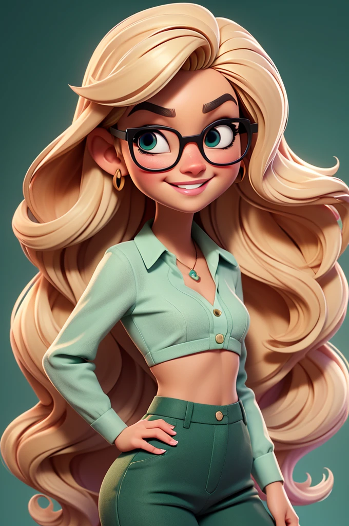 Create a Disney Pixar-style character of a stunning woman. blond, fine and long hair, white skin tone, eyes black, Square-shaped prescription glasses, thin lips, smiling, Wearing a pink blouse and green pants.