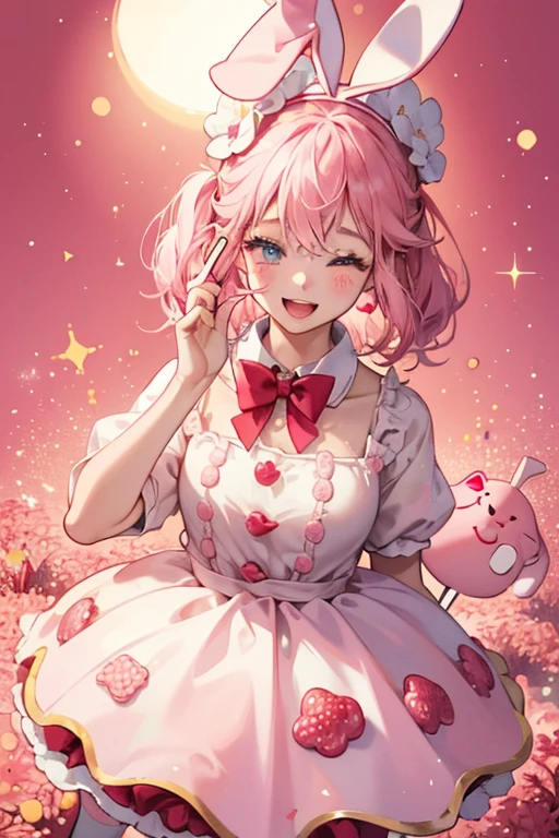 Sprinkle Berry Treats is a girl bunny Num with a body made out of crispy cereal rice. She has a winking eye and a wide-opened mouth. Light pink icing drips down her head with white and raspberry sprinkles on top. Her ears are adorned with a sweet red bow, with one ear having pink icing dripping down it. SPARKLE; GLITTER