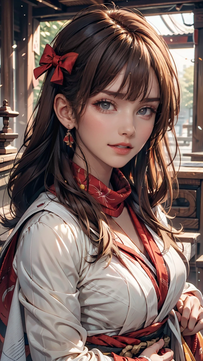Kilo, One girl, Ascot, blush, bow, Brown eyes, Brown Hair, hair bow, Hair Tube, kimono, Long Hair, Mittens, Non-traditional Shrine Maiden, 1 hour drawing challenge, Open your mouth, Portraiture, red bow, red Mittens, scarf, Side Lock, Simple Background, alone, White Background, yellow Ascot, yellow scarf