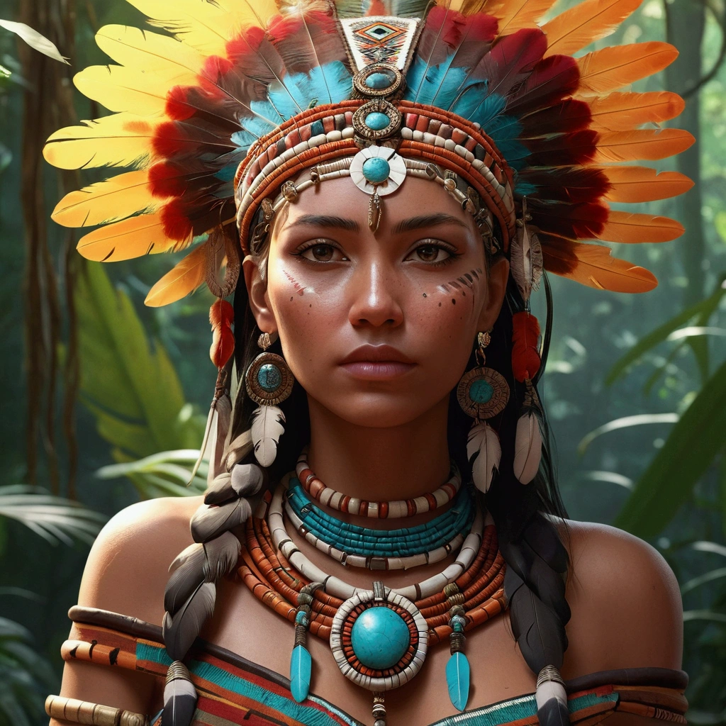 araffe woman in native dress with feathers and jewelry in the jungle, Aztec princess portrait, [ trending on CG Society ]!!, non-style artwork by guweiz, trending in CG Society, 🌺 CG Society, DeviantArt Artstation CGScosiety, CG Society portrait, 8k 3D rendering character art, High quality 8k detailed artwork