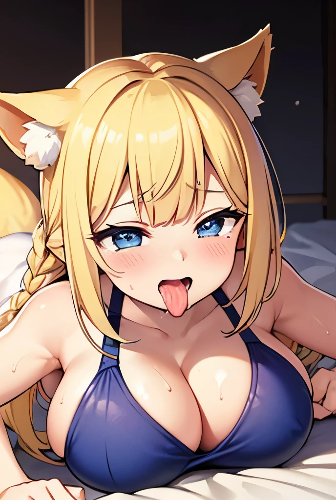 nsfw:1.2,prison,blonde,Braid,blue eyes,Big Breasts,blush,Sweat,Sloppy face,light purple leotard,Super High Leg Cut,barefoot,Face down,Lying down,Sticking out tongue,saliva,looks happy,tickle,joy,shy,tears,Ahegao:1.5,Overflowing Sex Fluids、((vagina、SEX、1Husky man))、Large penis insertion、Dynamic pose、Roll one's eyes、Nipple protrusionissionary position, spread legs:1.5, legs up:1.2))、bangs、((Lying on your back:1.5))、Hair pulling:1.2、Hair being grabbed:1.5、Saliva:1.5、Cat ear