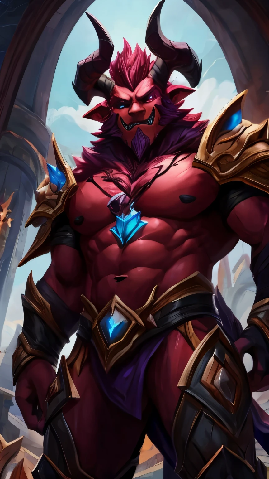 Rhaast character from league of legends. A demonic being, with horns and red skin and black armor. handsome, smirk, low angle