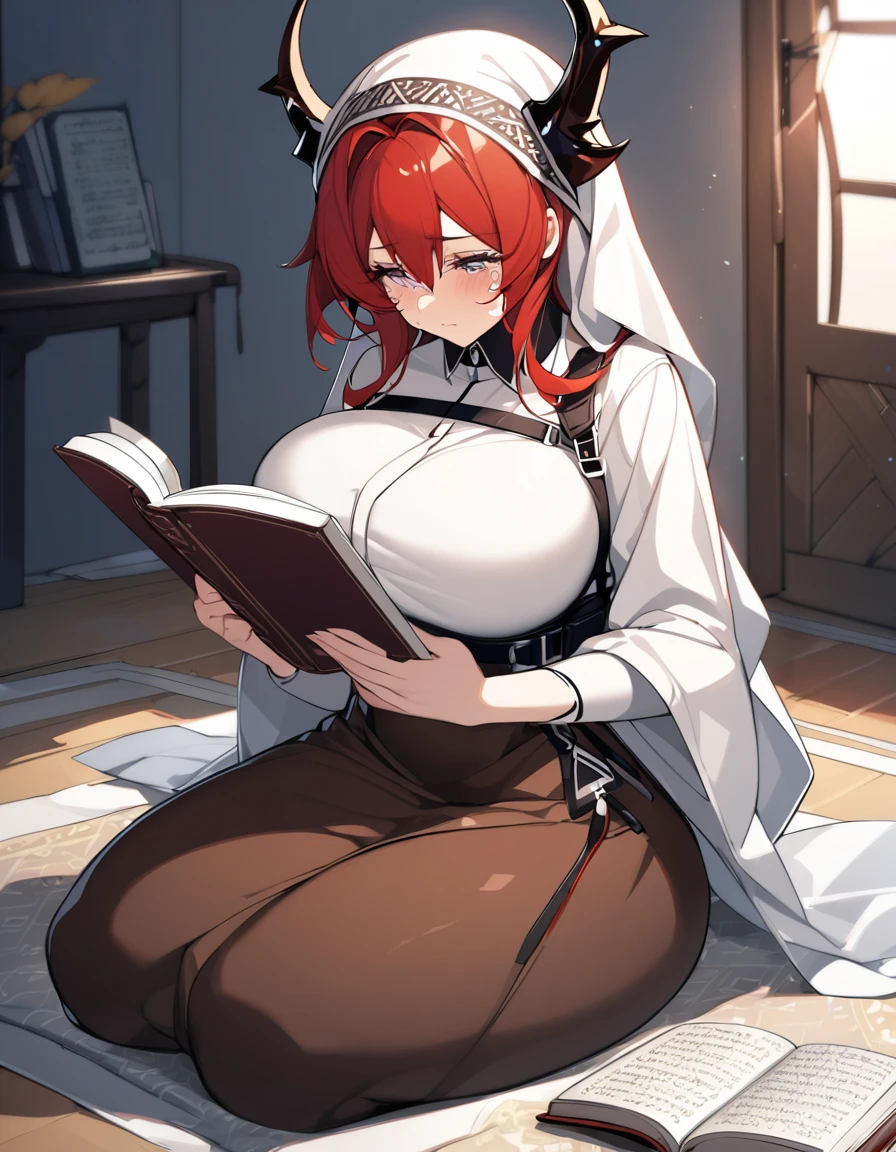Surtr(Arknights),red hair,curvy body,wears Muslim clothes,wears hijab,big breast,nsfw,praying in bedroom(Muslim),sitting on a prayer mat,crying, teary eyes, reading Qur'an.