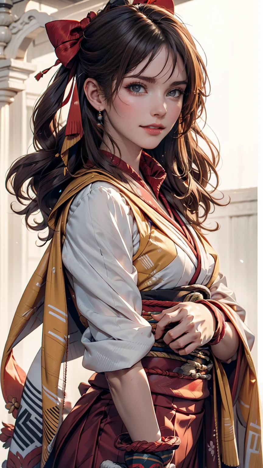 Kilo, One girl, Ascot, blush, bow, Brown eyes, Brown Hair, hair bow, Hair Tube, kimono, Long Hair, Mittens, Non-traditional Shrine Maiden, 1 hour drawing challenge, Open your mouth, Portraiture, red bow, red Mittens, scarf, Side Lock, Simple Background, alone, White Background, yellow Ascot, yellow scarf