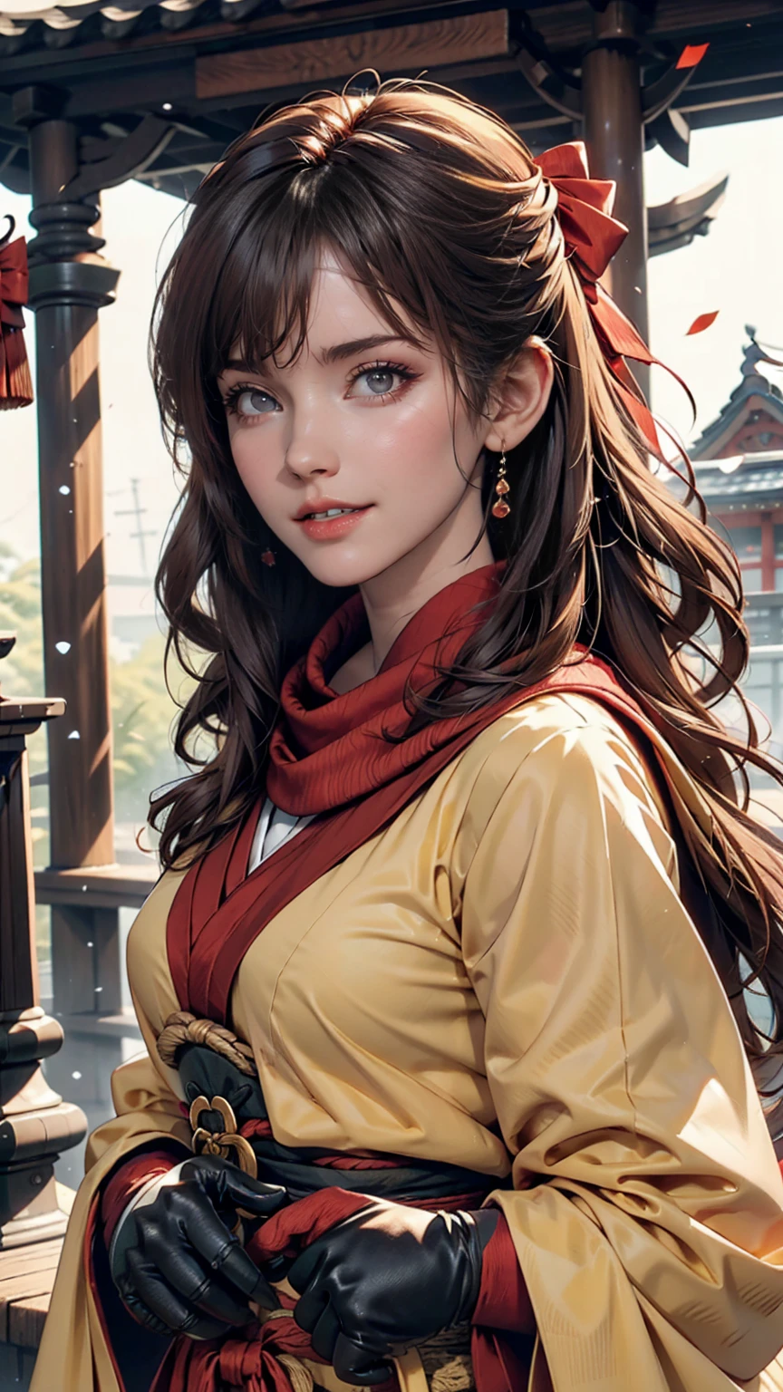 Kilo, One girl, Ascot, blush, bow, Brown eyes, Brown Hair, hair bow, Hair Tube, kimono, Long Hair, Mittens, Non-traditional Shrine Maiden, 1 hour drawing challenge, Open your mouth, Portraiture, red bow, red Mittens, scarf, Side Lock, Simple Background, alone, White Background, yellow Ascot, yellow scarf