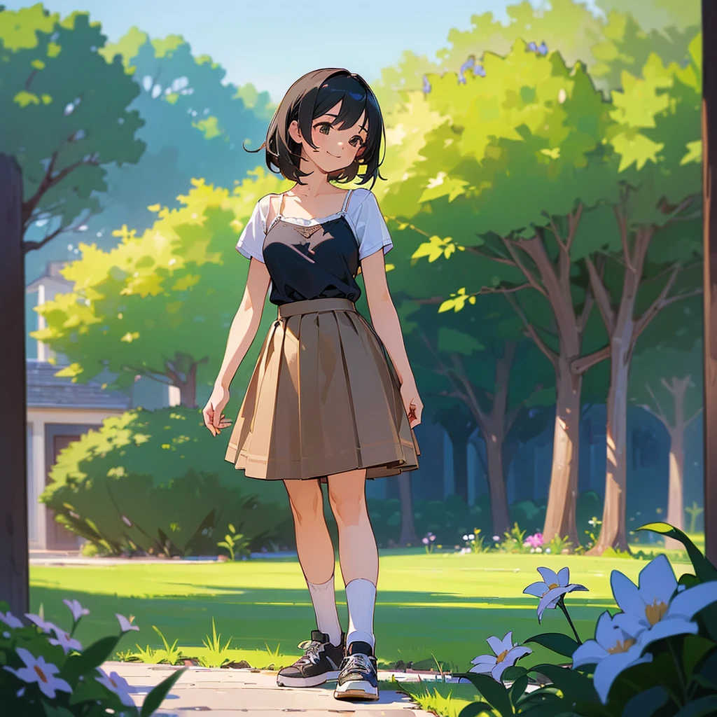 (high quality, High resolution, Very detailed, reality:1.37), Peaceful atmosphere, (Outdoor, garden), Teenage girl standing alone, (my breasts are big.), Beautiful details, Cute Smile, (Black bob hair), camisole, Brown Skirt, Blue socks, sneakers.