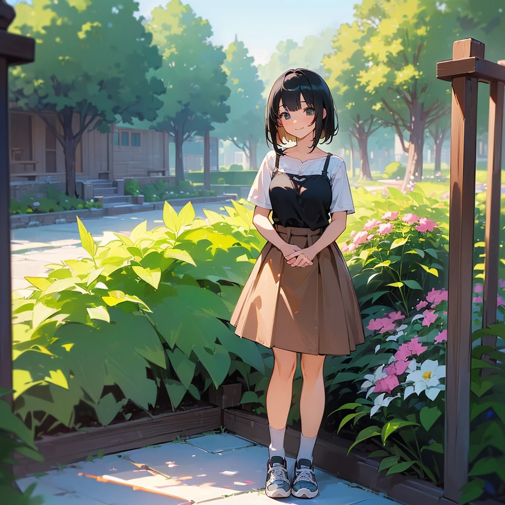 (high quality, High resolution, Very detailed, reality:1.37), Peaceful atmosphere, (Outdoor, garden), Teenage girl standing alone, (my breasts are big.), Beautiful details, Cute Smile, (Black bob hair), camisole, Brown Skirt, Blue socks, sneakers.