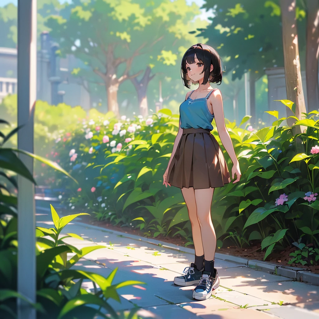 (high quality, High resolution, Very detailed, reality:1.37), Peaceful atmosphere, (Outdoor, garden), Teenage girl standing alone, (my breasts are big.), Beautiful details, Cute Smile, (Black bob hair), camisole, Brown Skirt, Blue socks, sneakers.