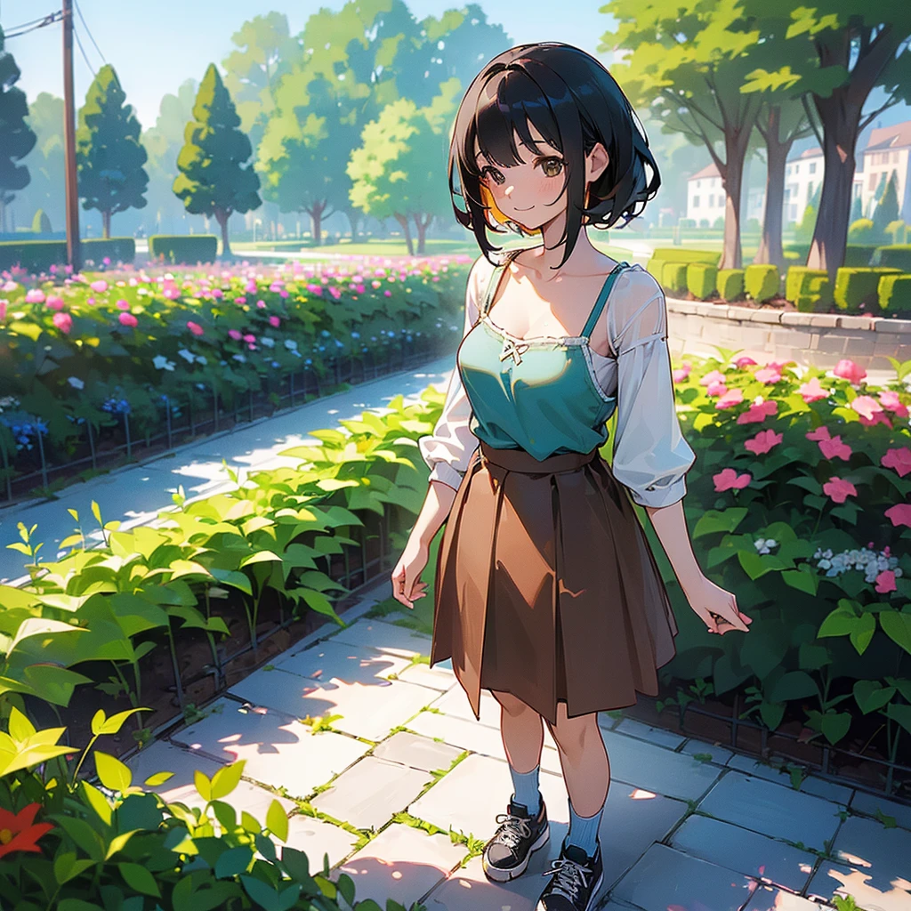 (high quality, High resolution, Very detailed, reality:1.37), Peaceful atmosphere, (Outdoor, garden), Teenage girl standing alone, (my breasts are big.), Beautiful details, Cute Smile, (Black bob hair), camisole, Brown Skirt, Blue socks, sneakers.