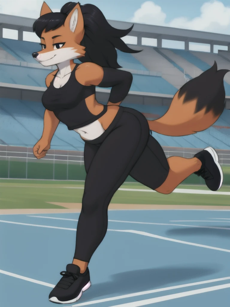 Furry, fox, female, black shirt, black leggings, shoes, running track, solo, full body