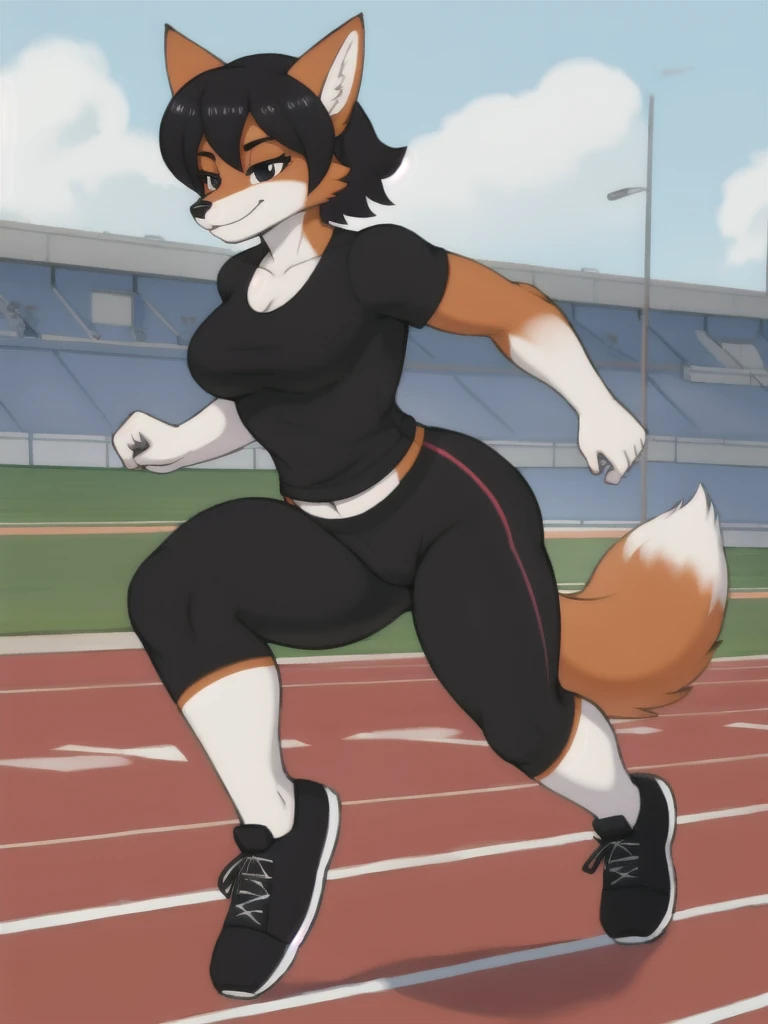 Furry, fox, female, black shirt, black leggings, shoes, running track, solo, full body