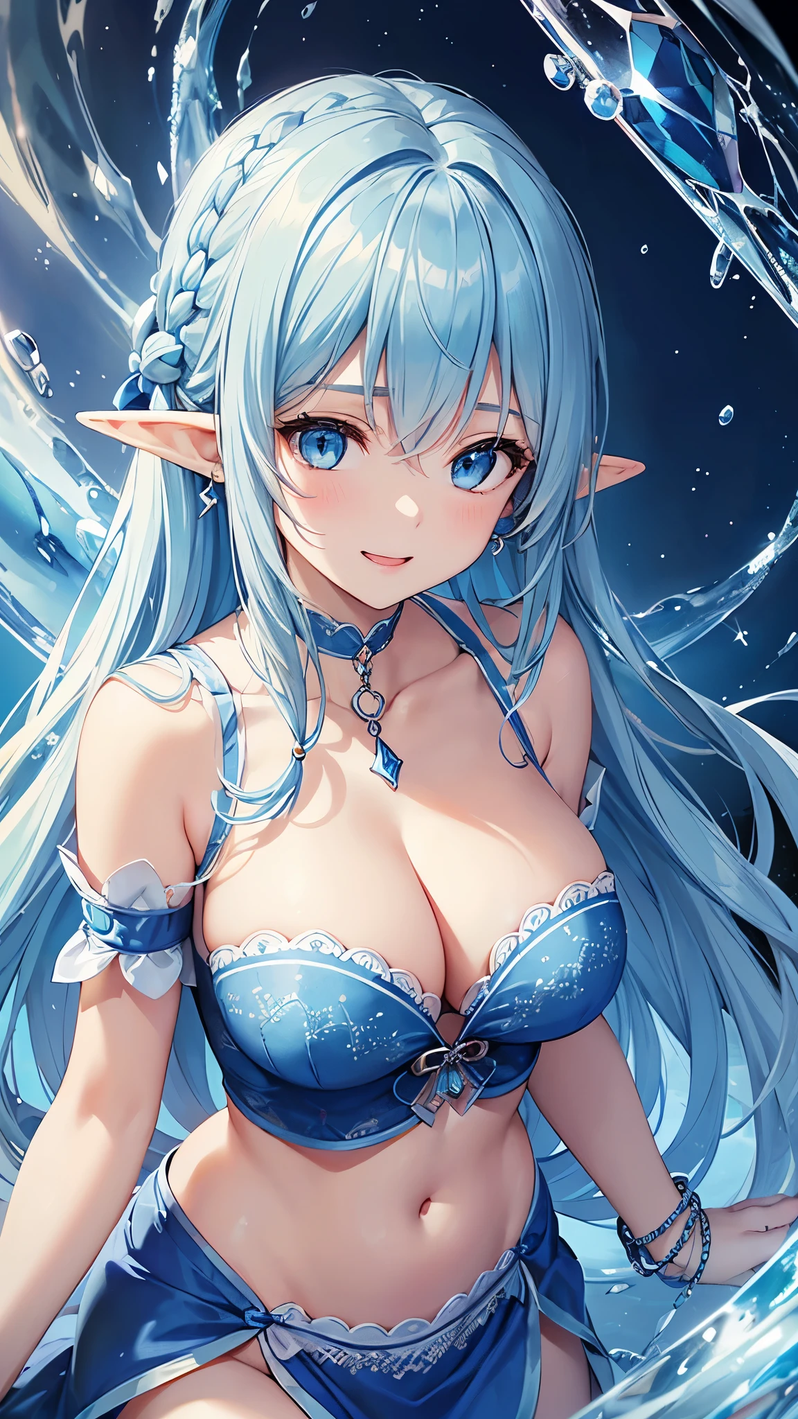 Highest quality、Highest quality、masterpiece、(8k resolution),beauty(Age 25)、(Mature Appearance)、Light blue long hair(Braiding of sides)、blue eyes、(Light blue underwear with detailed embroidery)、(Elf)、Big cleavage、((Very large breasts))、smile、blue necklace、Blue Earrings、background(ice)、Please open your mouth wide、bracelet、Dynamic pose、Blue choker、