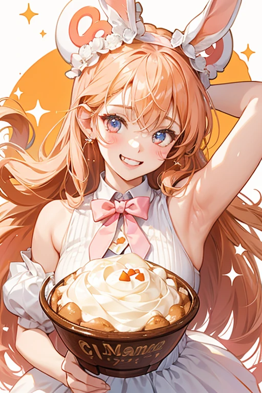 A girl bunny Num made from chocolate puffs. She has creamy topping melting down her right ear and her head, decorated with pale orange sprinkles. She has a wide grin and a wink, and wears a pale pink bow. SPARKLE; GLITTER