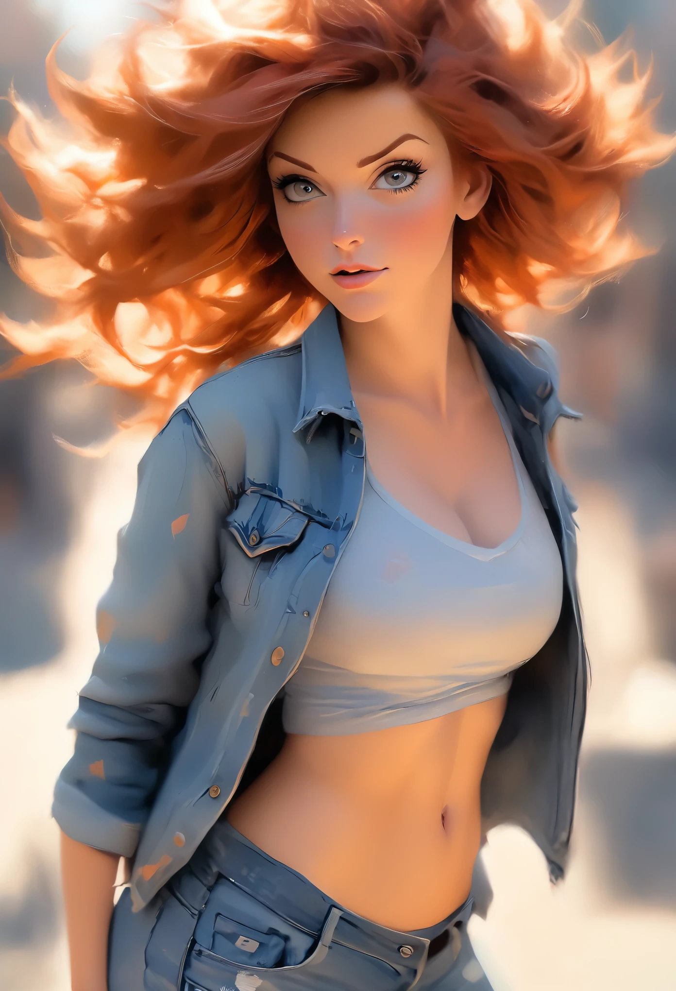 A full body shot of a beautiful red haired woman, soft wind blown hair style very soft, chin up, eyes looking at camera, expressive, small breasts, opened denim jacket top, cute belly showing, braless, tattered graphic tee shirt, head turned to profile, eyes facing the viewer, cleavage, sensual, hints of impressionism, bold photography, blues and orange shadows morning light, hyper detailed realism, 8k in the art style of Fran