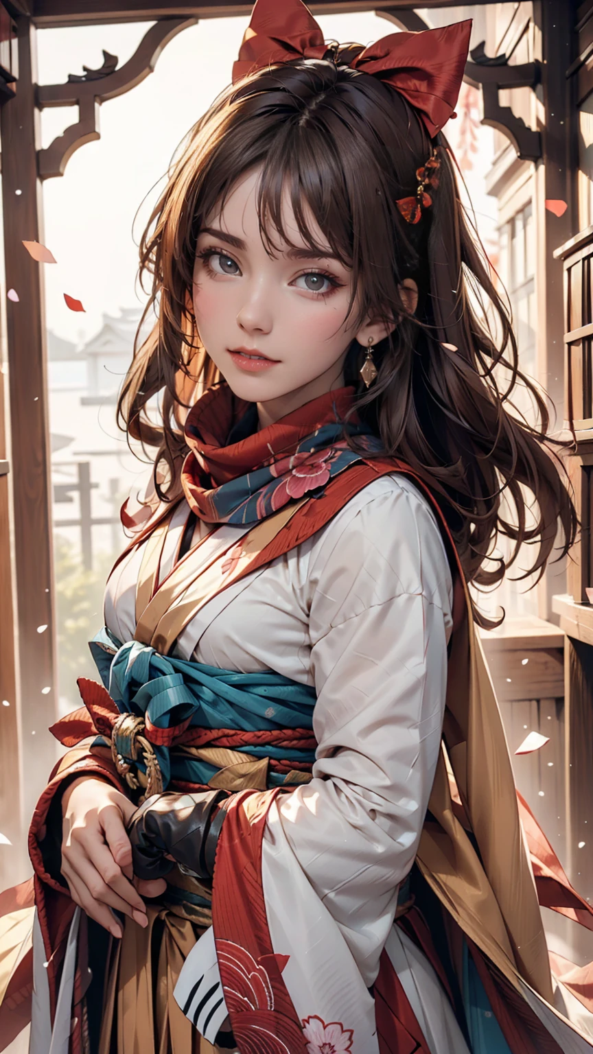 Kilo, One girl, Ascot, blush, bow, Brown eyes, Brown Hair, hair bow, Hair Tube, kimono, Long Hair, Mittens, Non-traditional Shrine Maiden, 1 hour drawing challenge, Open your mouth, Portraiture, red bow, red Mittens, scarf, Side Lock, Simple Background, alone, White Background, yellow Ascot, yellow scarf