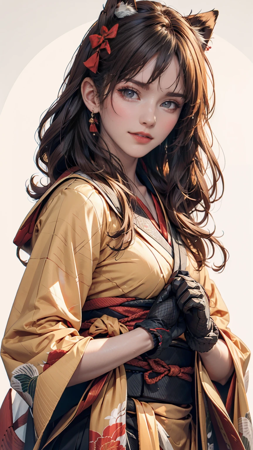 Kilo, One girl, Ascot, blush, bow, Brown eyes, Brown Hair, hair bow, Hair Tube, kimono, Long Hair, Mittens, Non-traditional Shrine Maiden, 1 hour drawing challenge, Open your mouth, Portraiture, red bow, red Mittens, scarf, Side Lock, Simple Background, alone, White Background, yellow Ascot, yellow scarf