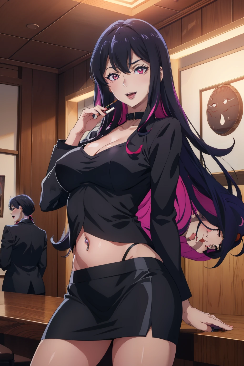 magase ai, long hair, black collar, blush, lipstick, long hair, crazy eyes ,Hot girl, baddie, staring, glaring, bad attitude, mean girl, crazy, smoking, sensual, attractive, bar background, inside bar, indoor,smile, masterpiece, best quality, highly detailed, a girls with a gun, open mouth, blazer, y gaze, (nsfw) not
safe for work, badass pose , evil smile, smile, black bra, anime girl with long hair, long haired girl,
navel, evil expression, exposed belly, exposed navel, exposed midriff, exposed lower belly, micro
miniskirt, micro pencil skirt, pencil skirt ,holding a gun, holding pistol,navel
piercing