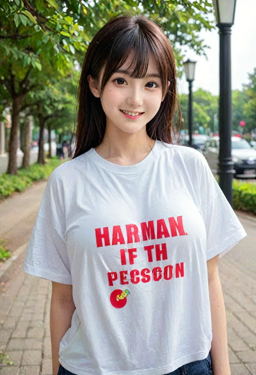 score_9, score_8_up, score_7_up, 1girl, japanese girl, cute, kawaii, beautiful face, perfect face, perfect body, smile, oversized t-shirts, big t-shirts, detailed eyes, shiny skin, standing, on side, large , skinny, looking at viewer, cowboy shot, face focus, depth of field, simple background, outdoors, park, jpn-girl, extremely detailed, professional lighting
