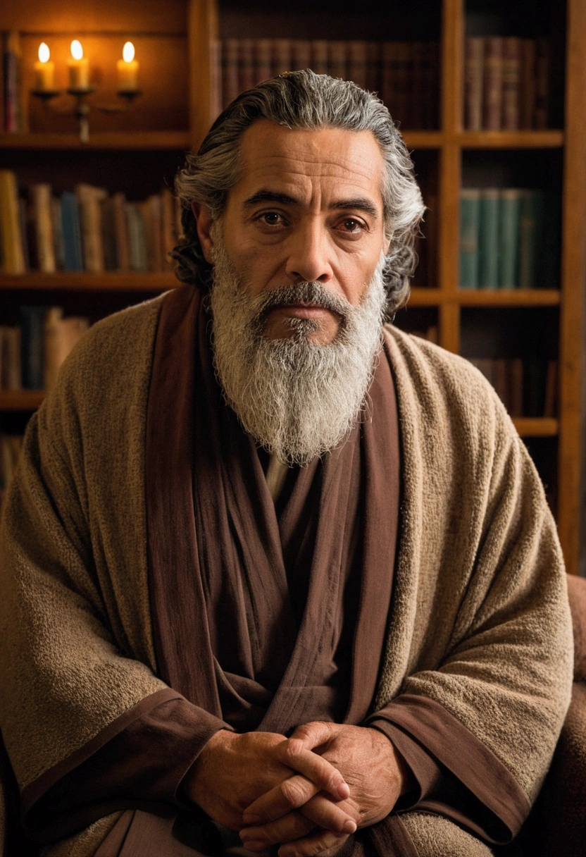A captivating portrait of a wise and warm-looking man named Josué. He is wearing a comfortable, earth-toned robe, and his eyes are filled with knowledge and kindness. His graying beard frames his face, adding to his aura of wisdom. A dimly lit room with bookshelves and a warm fireplace provides a cozy backdrop, enhancing the welcoming atmosphere of the scene.