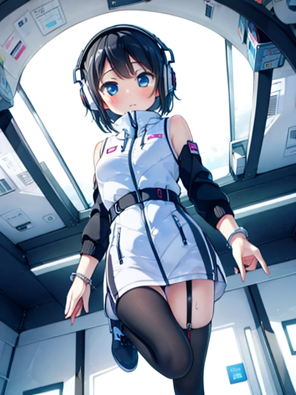 (Highest quality), (masterpiece), 1080P, High resolution, 4K, 8k, Inside the space station、Futuristic room、jumping:1.5,zero gravity,floating,Thigh straps, Shooting from directly below, The woman on top of me, 白いSweat, Covered , Sweat, Woman looking down, Skirt swimsuit, I can see your pants。BREAK black long sleeves,black tights,BREAK thigh-high socks, futuristic boots,headphone,To achieve this, 16 years old, , whole body, Black leather shoes, Braided hair, Inner Color, Embarrassed face, Short black hair, bracelet, Bedroom,white downVest,celestial body_Vest
