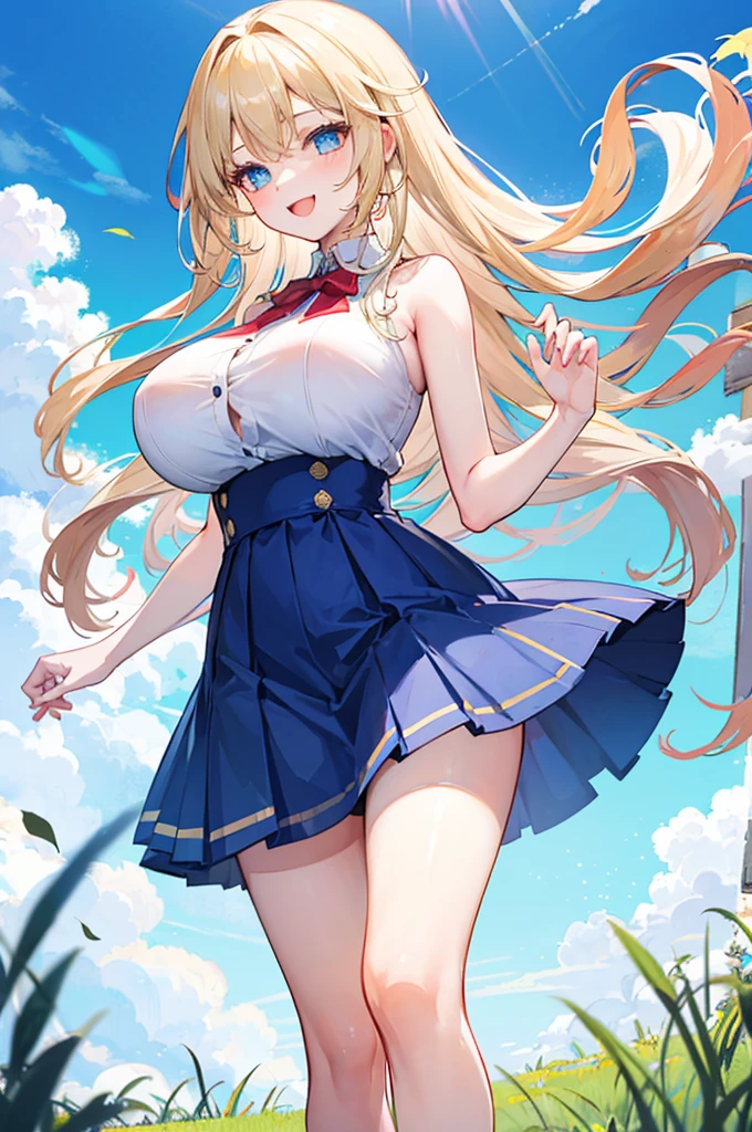 A girl with big ,Light blond long hair,Blue Eyes,Sky blue skirt,sleeveless,See the lateral breast,energetic and cute,happy,on the grass,