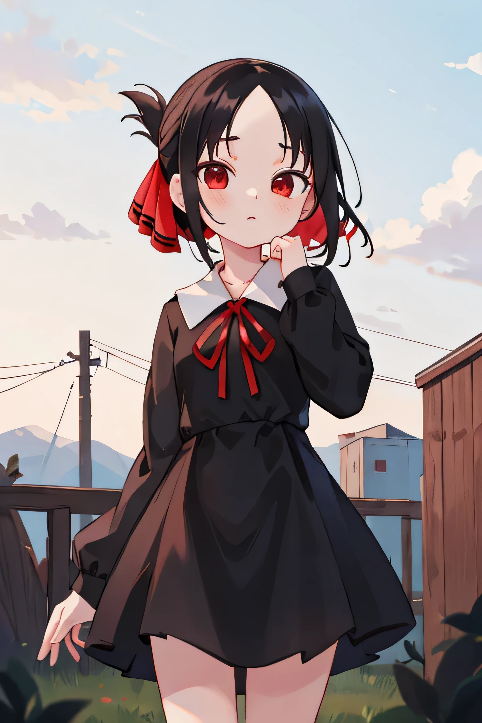 masterpiece, Highest quality, High resolution, Akaguya, short hair, Folded ponytail, Hair Ribbon, Parted bangs, Neck ribbon, Red ribbon, Black Dress, Black Shirt, Long sleeve, black sleeves, Are standing, Cowboy Shot, Outdoor, View your viewers,