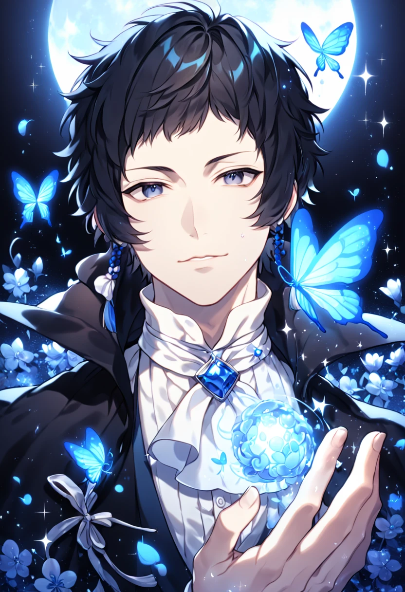 absurdres, highres, ultra detailed, HDR, master piece, best quality, extremely detailed, Akutagawa Ryuonosuke, black hair, expressive gray eyes, Bungou Stray Dogs, solo, sexy man, handsome, mature face, black coat with high collar, white shirt, white cravat, fantasy, magic, sparkling, water, blue moon, blue flowers, blue butterflies, blue petals, garden