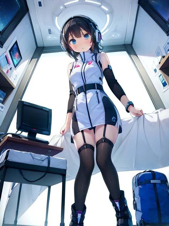 (Highest quality), (masterpiece), 1080P, High resolution, 4K, 8k, Inside the space station、Futuristic room、Thigh straps, Shooting from directly below, The woman on top of me, 白いSweat, Covered , Sweat, Woman looking down, Skirt swimsuit, BREAK black long sleeves,black tights,BREAK thigh-high socks, futuristic boots,headphone,To achieve this, , , whole body, Black leather shoes, Braided hair, Inner Color, Embarrassed face, Short black hair, bracelet, Bedroom,white downVest,celestial body_Vest
