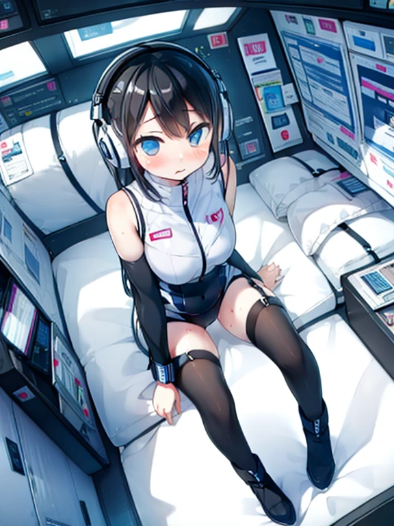 (Highest quality), (masterpiece), 1080P, High resolution, 4K, 8k, Inside the space station、Futuristic room、Thigh straps, Shooting from directly below, The woman on top of me, 白いSweat, Covered , Sweat, Woman looking down, Skirt swimsuit, BREAK black long sleeves,black tights,BREAK thigh-high socks, futuristic boots,headphone,To achieve this, , , whole body, Black leather shoes, Braided hair, Inner Color, Embarrassed face, Short black hair, bracelet, Bedroom,white downVest,celestial body_Vest
