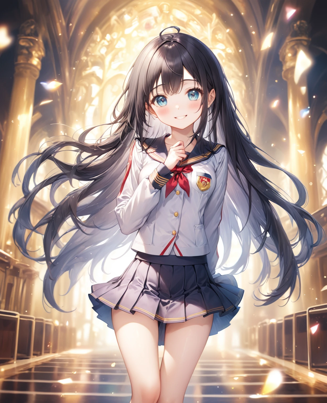 (Highest quality, 8k, 32K, masterpiece, Ultra-high resolution,:1.2),born, One girl,Super cute , Fantasy Background, Clear, shining eyes, 20-year-old ,Fair skin, Girl with black hair, keep your spirits up, expensive, uniform, mini skirt,D cup breasts,学born服,An innocent smile,Pause,Long Hair,Long Hair