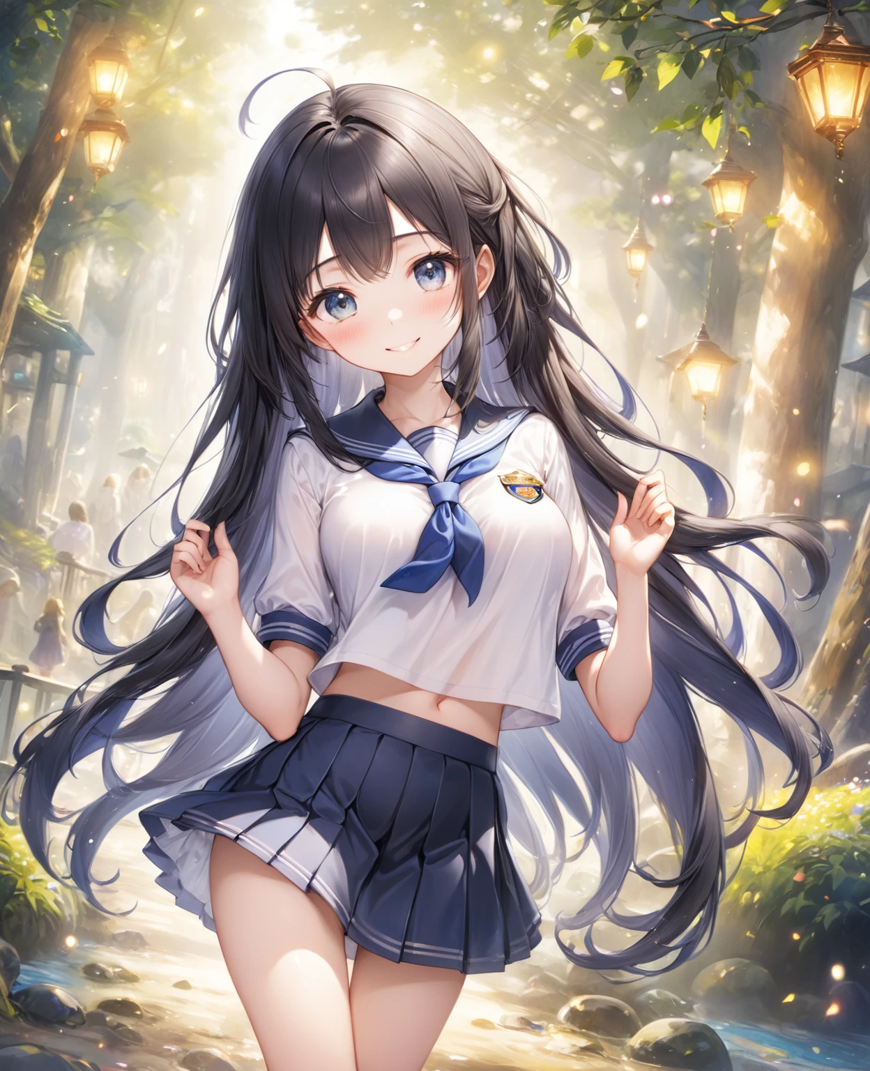 (Highest quality, 8k, 32K, masterpiece, Ultra-high resolution,:1.2),born, One girl,Super cute , Fantasy Background, Clear, shining eyes, 20-year-old ,Fair skin, Girl with black hair, keep your spirits up, expensive, uniform, mini skirt,D cup breasts，学born服，An innocent smile，Pause，Long Hair，Long Hair