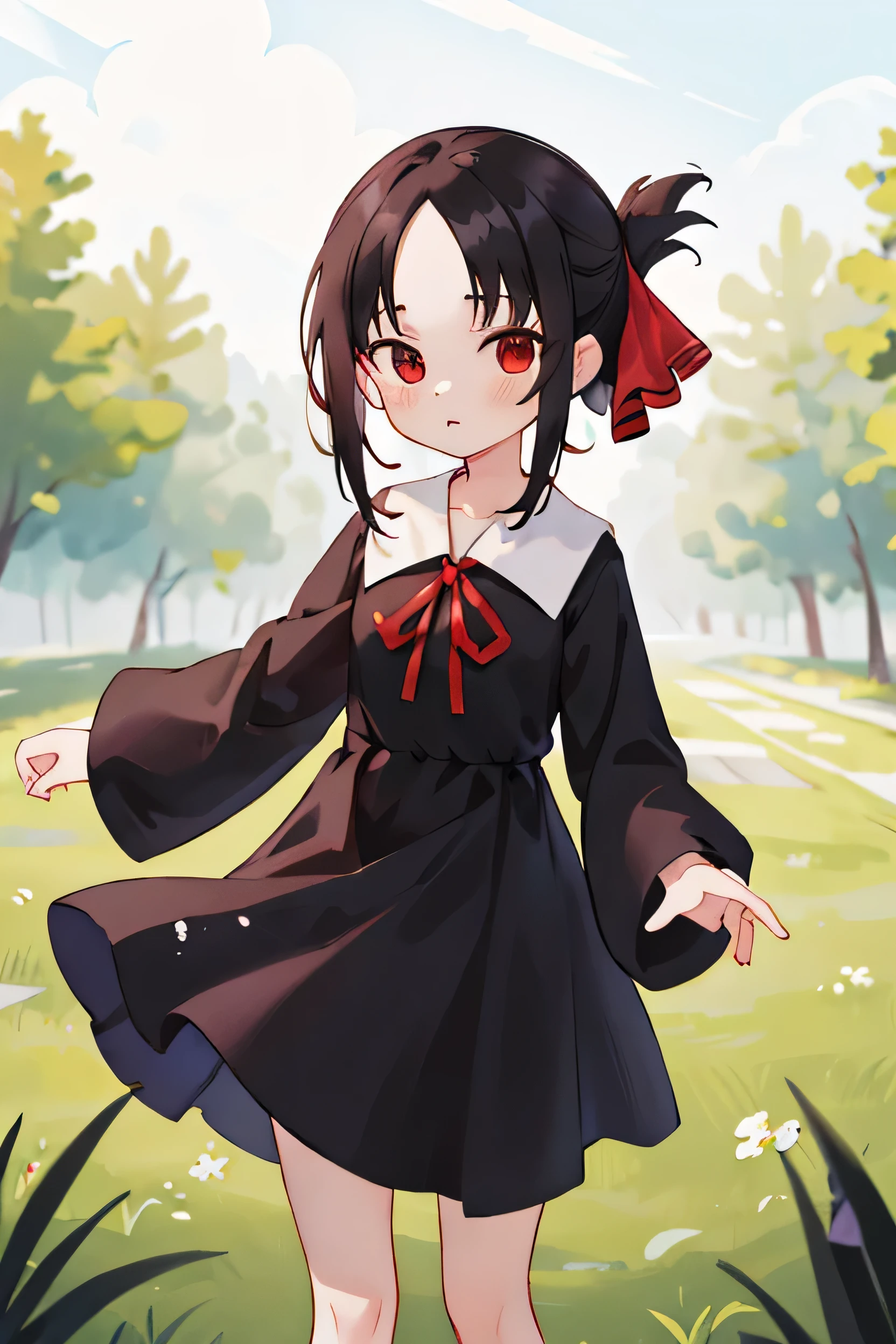 masterpiece, Highest quality, High resolution, Akaguya, short hair, Folded ponytail, Hair Ribbon, Parted bangs, Neck ribbon, Red ribbon, Black Dress, Black Shirt, Long sleeve, black sleeves, Are standing, Cowboy Shot, Outdoor, View your viewers,