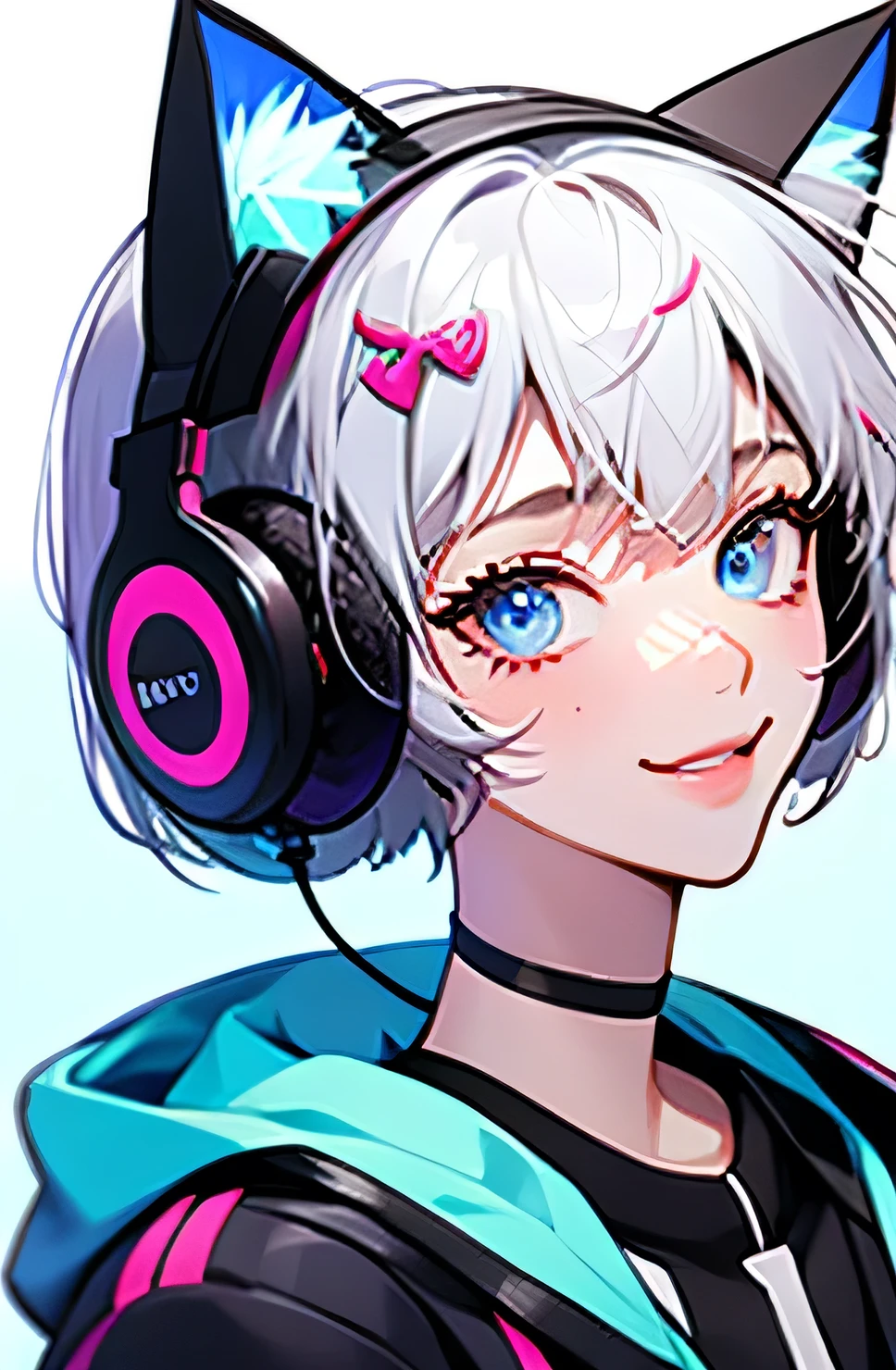 Girl wearing cat ear headphones、Background is white、smile