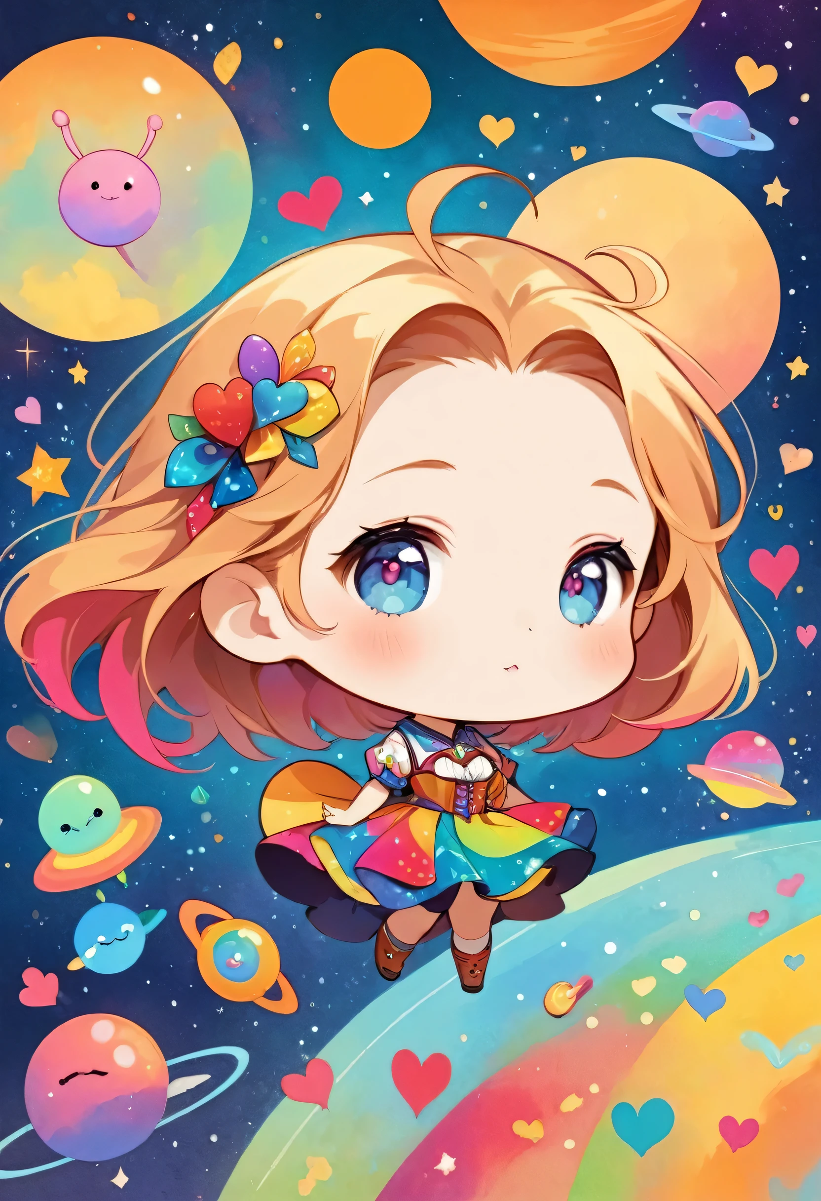Vasily Kandinsky colorfull style, Simple Line Initialism,Abstract art,(((The most beautiful girl of all time))), (((chibi))), Sweet face. colorful hearts, funny design, (((bosom buddy ))), (((Cute Aliens))), The background is space