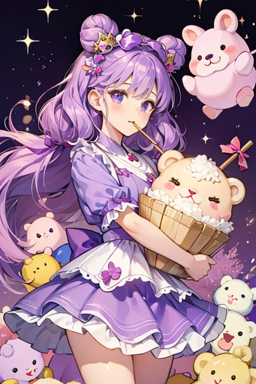 A girl bear Num made from rice puffs, set on a wooden Num Noms stick. The stick is adorned with a royal purple bow. She is dipped in berry yogurt, giving her bottom half a cool purple color. SPARKLE; GLITTER