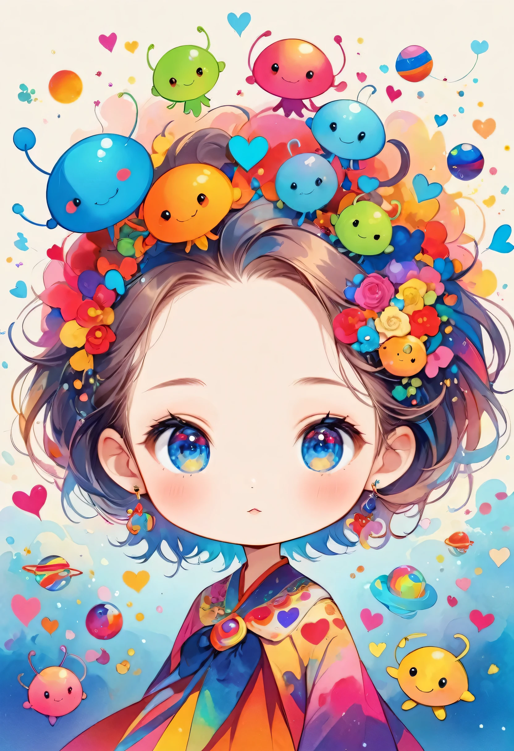 Vasily Kandinsky colorfull style, Simple Line Initialism，Abstract art，(((The most beautiful girl of all time))), (((chibi))), Sweet face. colorful hearts, funny design, (((bosom buddy ))), (((Cute Aliens))), The background is space