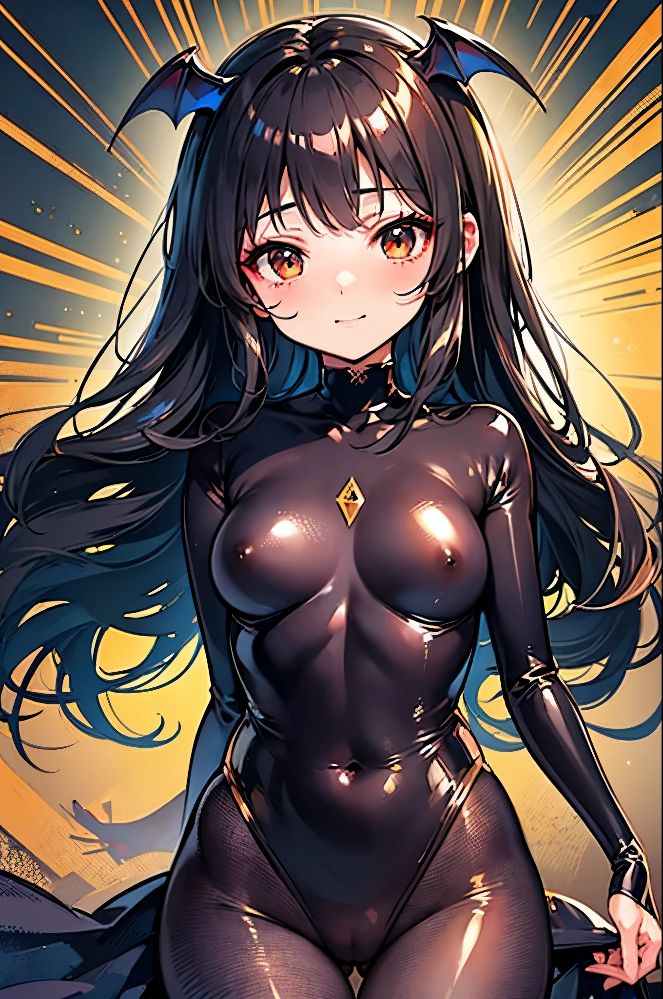 Highest quality Highest quality Draw a face carefully High-definition anime-style face Super Glowing Skin Long black hair Brown leotard Golden pantyhose Succubus lure smile Back view Rear view Ass close up