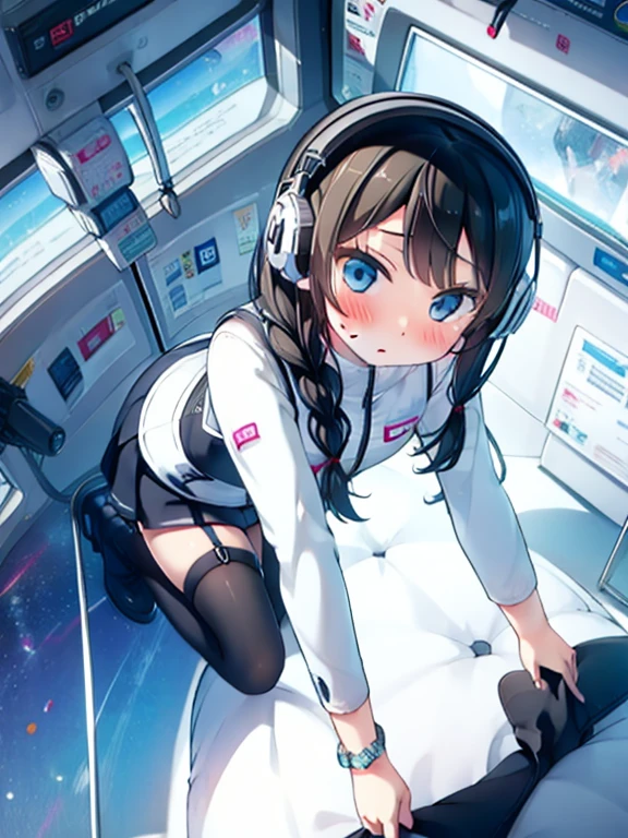 (Highest quality), (masterpiece), 1080P, High resolution, 4K, 8k, Inside the space station、Futuristic room、Thigh straps, Shooting from directly below, The woman on top of me, 白いSweat, Covered , Sweat, Woman looking down, Skirt swimsuit, BREAK black long sleeves,black tights,BREAK thigh-high socks, futuristic boots,headphone,To achieve this, 16 years old, , whole body, Black leather shoes, Braided hair, Inner Color, Embarrassed face, Short black hair, bracelet, Bedroom,white downVest,celestial body_Vest