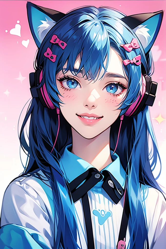 Girl wearing cat ear headphones、Background is white、smile、The whole thing goes in